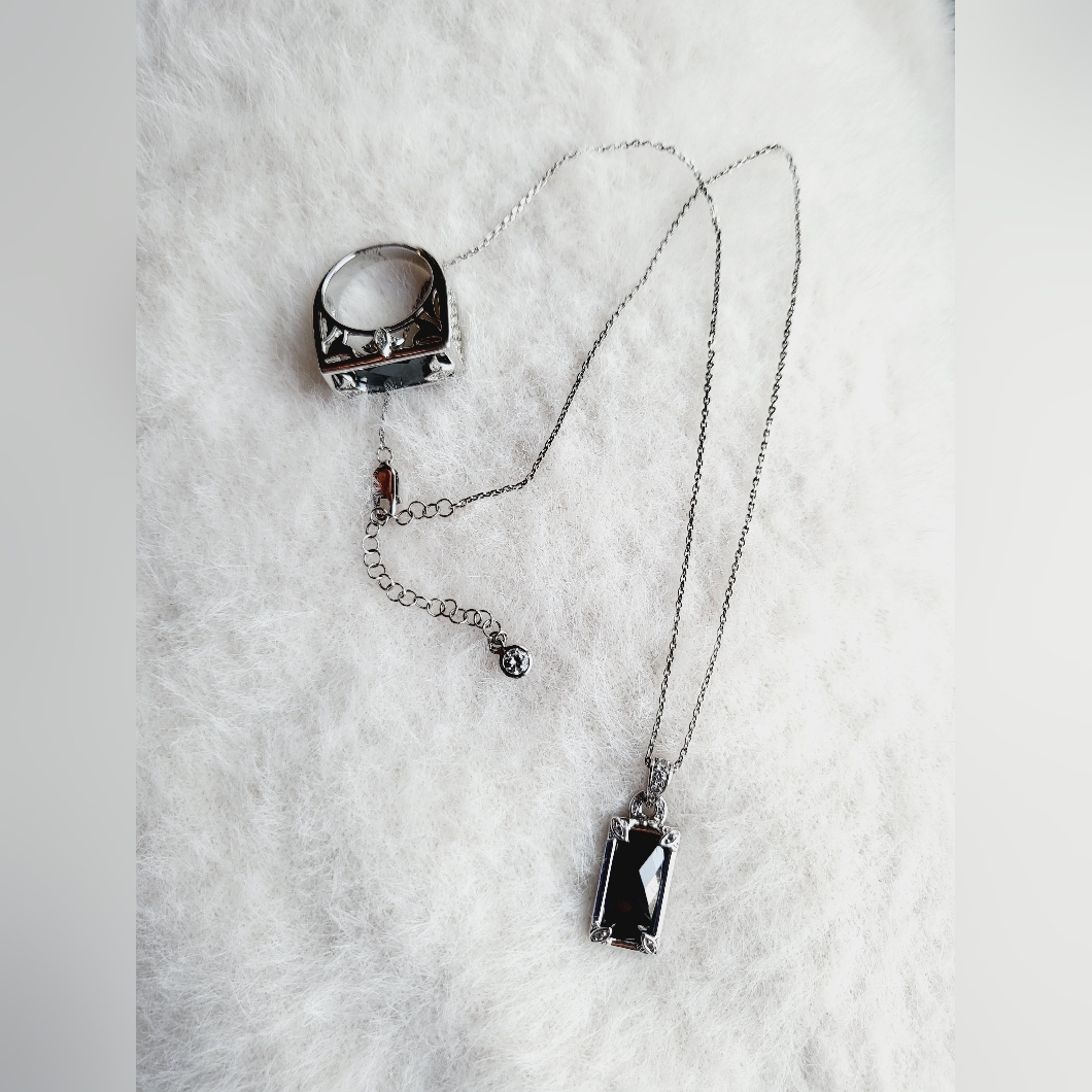 'Crislu ' Sterling Silver, Hematite & Cz Gemstone Necklace & Ring Set